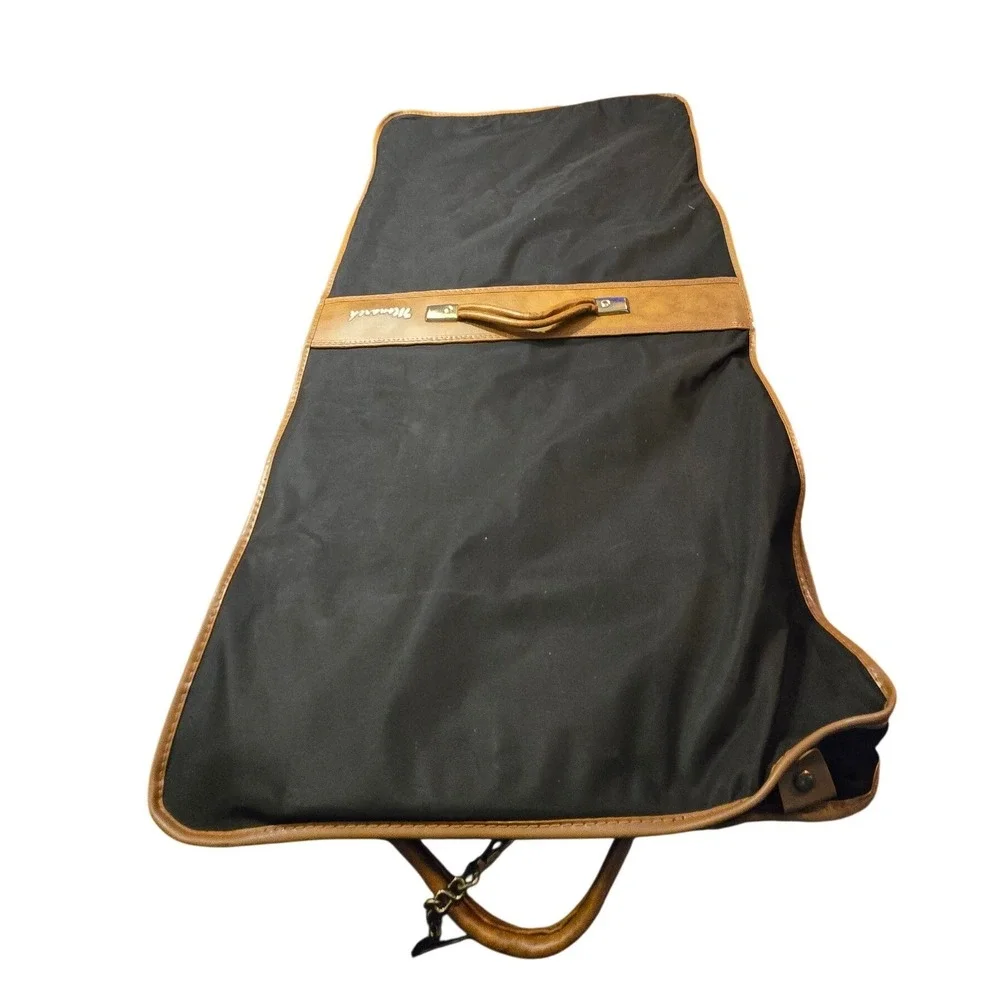 Vintage Monarch Garment Bag Black Nylon‎ Tan Trim Green Red Stripe Suit Bag Key